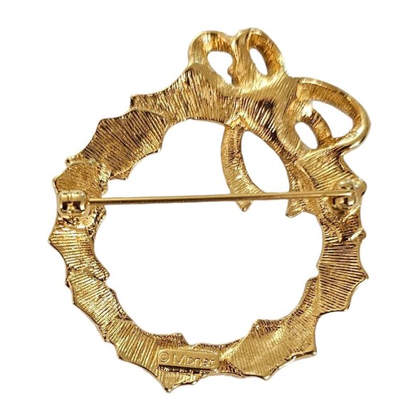 Monet Gold Tone Red Glass Cab Holly Berry Bow Leaf Wreath Brooch, Signed L258 - Picture 3 of 6